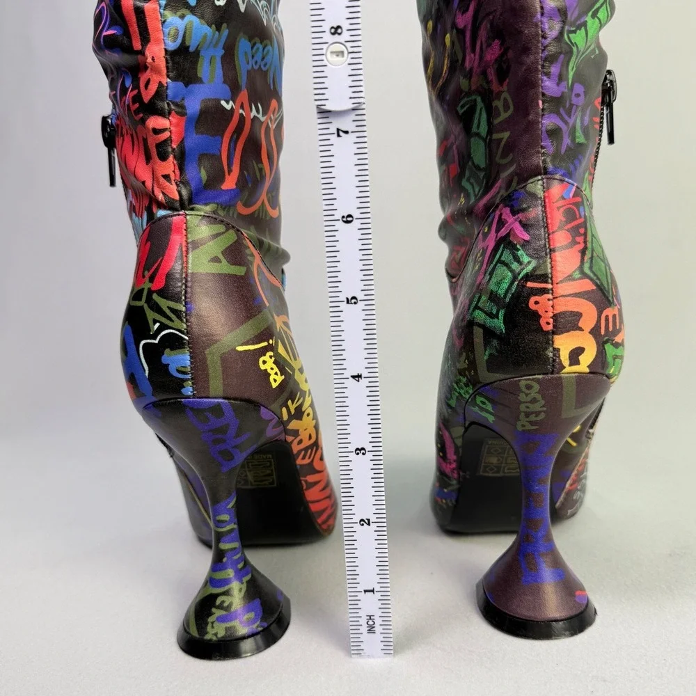 Revive Graf Multicolor Graffiti Print Over The Knee Flared Heel Boots woman  6.5